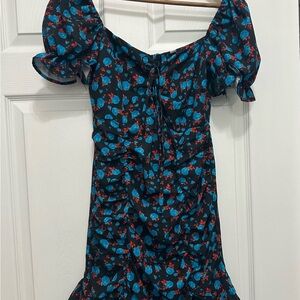 Blue and Black Off-the-Shoulder Mini Dress with Puff Sleeves